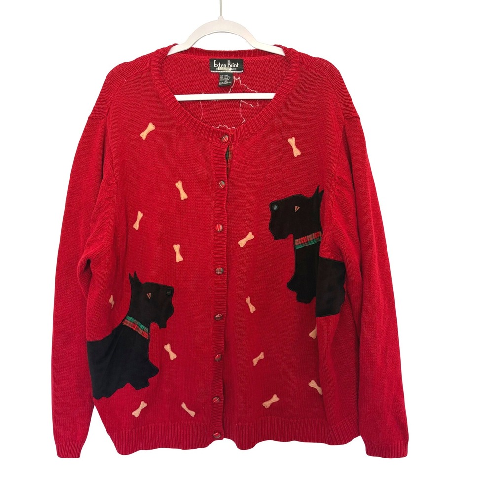 Vtg 90s Extra Point Scottie Dog Red Cardigan Sweater 3X Grandmacore Teacher Cute